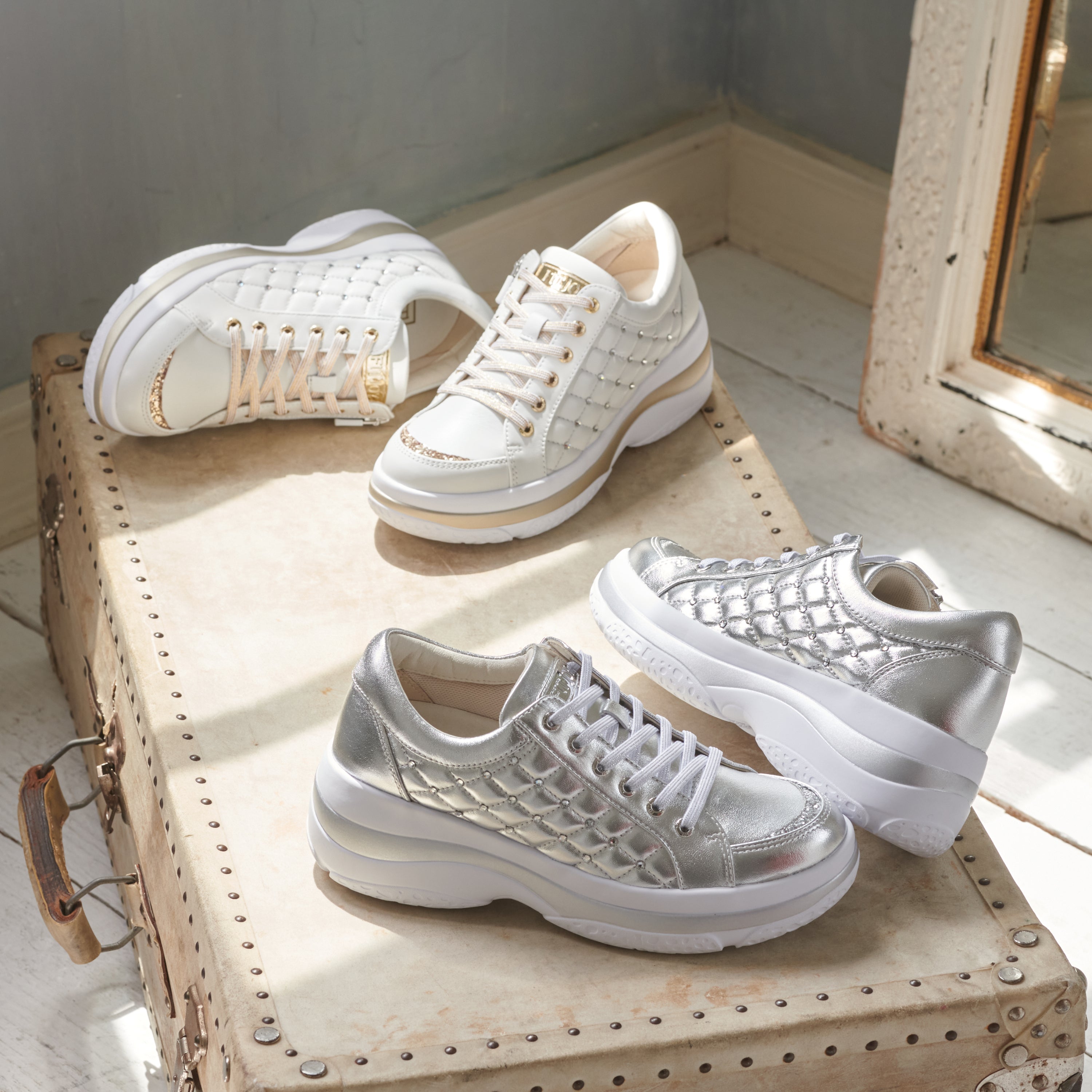 Lightweight and Cushioning Volume-Sole Crystal-Embellished Sheepskin  Lace-Up Sneakers #FJ107