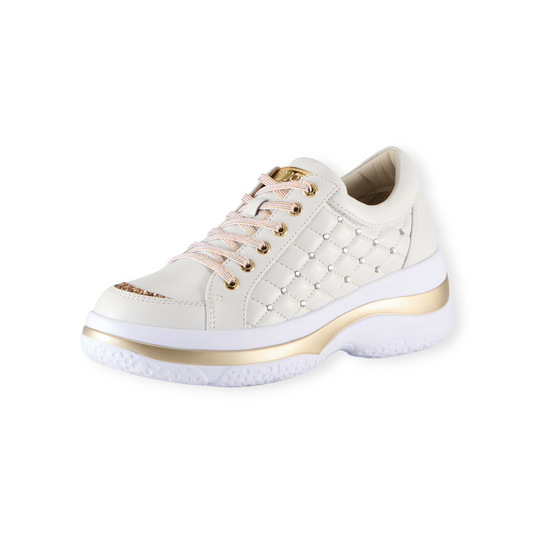 Lightweight and Cushioning Volume-Sole Crystal-Embellished Sheepskin Lace-Up Sneakers #FJ107