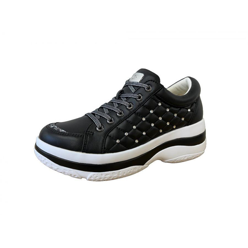 Lightweight and Cushioning Volume-Sole Crystal-Embellished Sheepskin Lace-Up Sneakers #FJ107