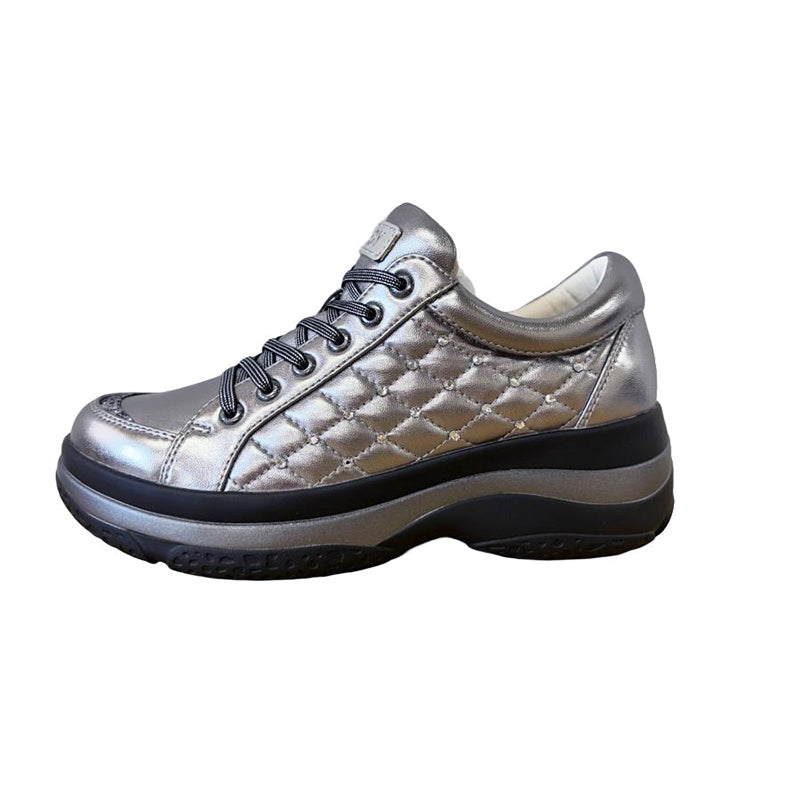 Lightweight and Cushioning Volume-Sole Crystal-Embellished Sheepskin Lace-Up Sneakers #FJ107